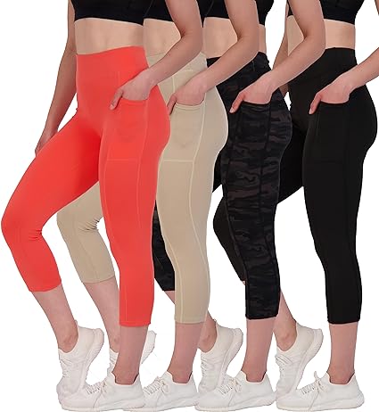 Photo 1 of Real Essentials 4 Pack: Women's Capri Leggings with Pockets Casual Yoga Workout Exercise Pants (Available in Plus Size)
