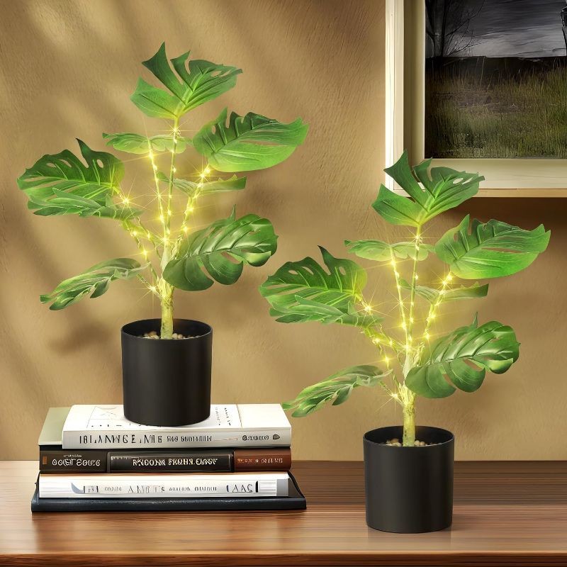 Photo 1 of 2Pack Fake Plants Monstera Palm Tree,18in Artificial Potted Faux Plants 24 LED Fairy Lights with USB Powered Faux Potted Tree for Floor Home Office Table Farmhouse Bedroom Decor
