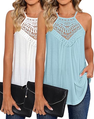 Photo 1 of Ficerd 2 Pack Womens Tank Tops Cold Shoulder Tops Women Lace Cami Shirts Sleeveless Tank Tops Spaghetti Cami Vest Shirt Large 
