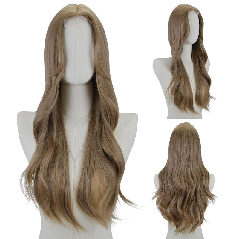 Photo 1 of FREE BEAUTY Long Light Brown Wavy Wig for Women 26 Inch Middle Part Curly Wavy Wig Natural Looking Synthetic Heat Resistant Fiber Wig for Daily Party Use