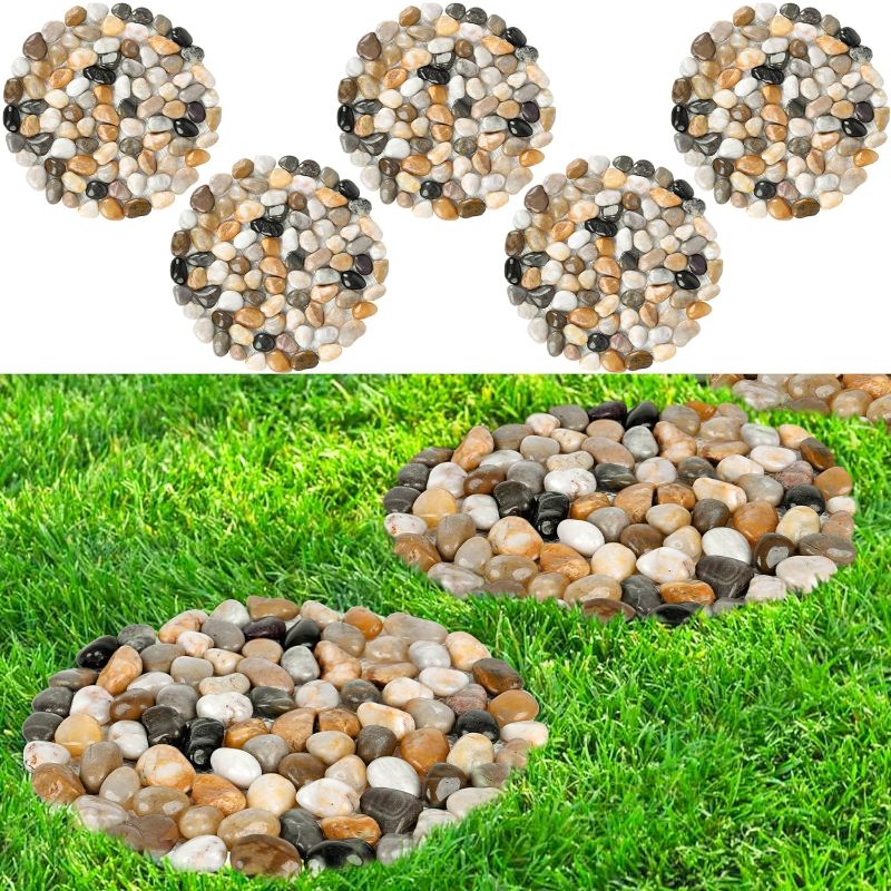 Photo 1 of River Rock Stepping Stones Outdoor for Garden Walkway, 12 inch Diameter 5 Pcs Round Shape Paver Step Stones Polished Pebble River Stone Mat for Yard Lawn Patio Pathway Walk Way - Multi-Color