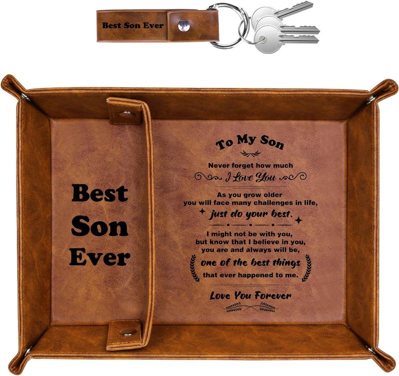 Photo 1 of Best Son Ever PU Leather Tray and Keychain, Unique Son Gifts for Christmas Xmas from Mom Dad, Sentimental Birthday Gifts Graduation Ideas for Son Stocking Stuffers