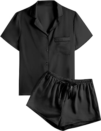 Photo 1 of Aossfre Women's Satin Pajamas Set Collar V Neck Button Short Sleeve Shirt with Shorts Pjs Set Size XL