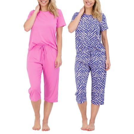 Photo 1 of 2 Pack: Women’s Cozy Short-Sleeve PJ Top with Capri Pants - Pajama Lounge & Sleepwear Set Size S