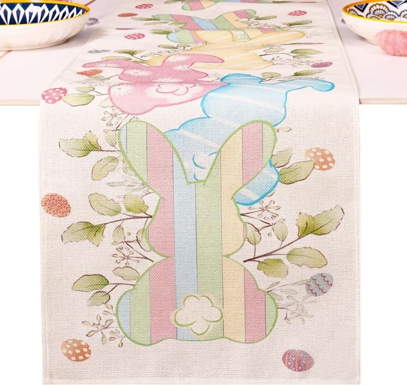 Photo 1 of Easter Bunny Table Runner for Spring and Summer, 72 Inches Long, Easter Table Runners for Kitchen Dining Room Decor, Cotton Linen Table Runners