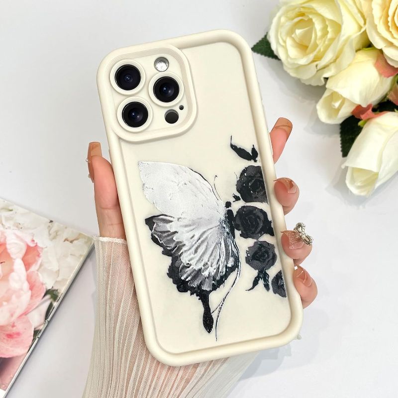 Photo 1 of KANGHAR Compatible with iPhone 15 Pro Max Case Butterfly Liquid Silicone Silky-Soft Touch Full-Body Protective Case Shockproof Protection Cover for 15 Pro Max Women Girly Men 6.7 inch - White