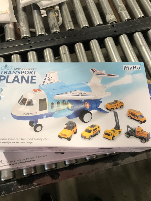 Photo 2 of IHAHA Boy Toys Gifts for 2 3 4 5 6 Year Old, Airplane Toy with Smoke, Light & Sound, 16 Inches Big Transport Cargo Airplane Toy with 6 Construction Vehicle Trucks, Fricton Powered Airplane Toys