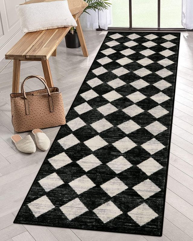Photo 1 of Lahome Moroccan Trellis Runner Rug - 2x8 Black Hallway Runner Rug with Rubber Backing, Checkered Kitchen Non Skid Carpet Runner Washable Indoor Mat for Camper Entryway Bathroom Hardwood Floor https://a.co/d/00mdliFk