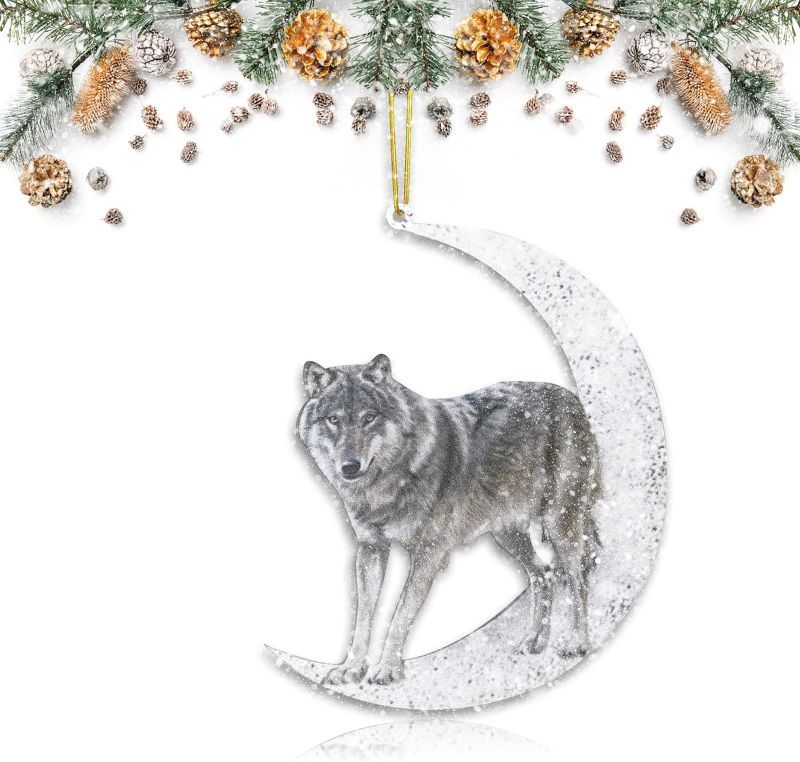 Photo 1 of 2- Animals Sitting On The Moon Ornaments for Christmas Tree Double-Printed Acrylic Hanging Pendant for Christmas Tree Decoration (Gray Wolf)