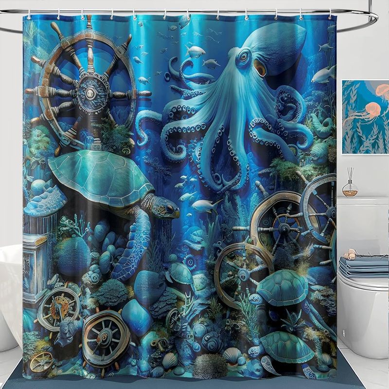Photo 1 of AMBAYLA Vintage Nautical Sea Turtle Octopus Shower Curtain Blue Ocean Beach Shower Curtains for Bathroom Pirate Wheels Bathroom Fabric Beach Themed Bath Curtain Decor with 12 Hooks 72”x72” 