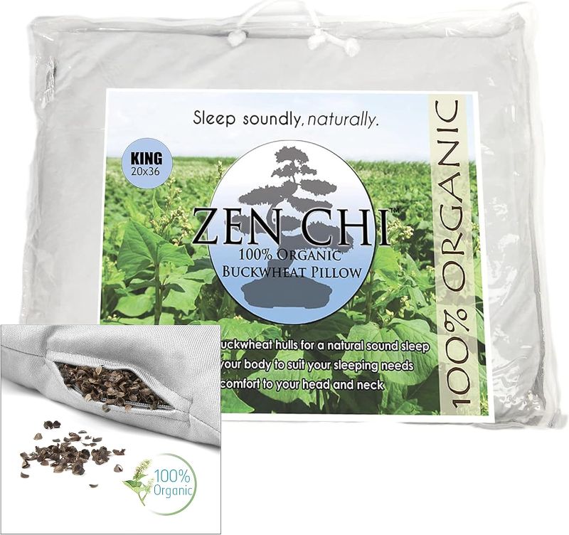 Photo 1 of ZEN CHI Buckwheat Pillow- Organic King Size (20"X36") w Natural Cooling Technology- All Cotton Cover w Buckwheat Hulls- Keep Cool Comfortable Sleep, Pillow Adjusts to Head and Neck