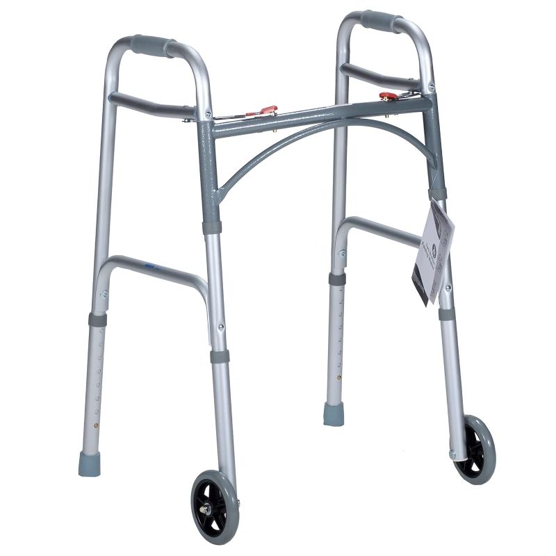 Photo 1 of Medline Adult Two-Button Folding Walker with Wheels is a Foldable, Walker with Tool-Free Adjustable Height up to 39” & 300 Pound Weight Capacity, Silver, 1 Adult Two-Button Folding Walker with Wheels