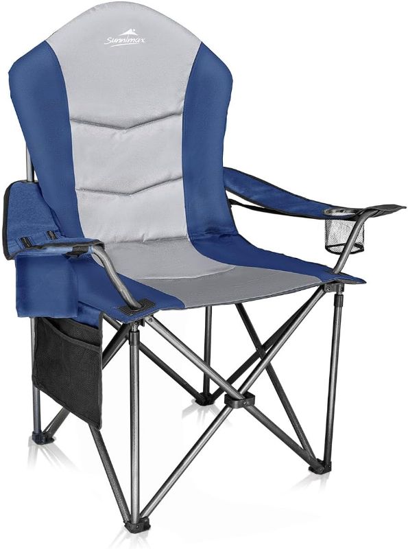 Photo 1 of SUNNIMAX Fully Padded Camping Chair, Oversized Heavy Duty Lawn Chair with Cooler Bag,Side Pocket,Cup Holder Support 400 lbs (Blue & Grey, Single Pack) 
