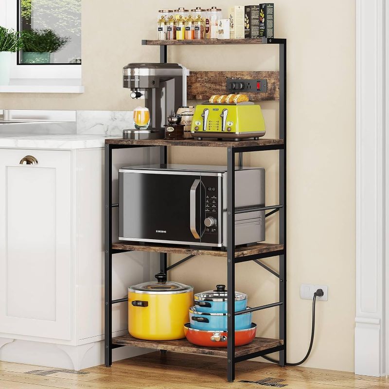 Photo 1 of Anycoo Bakers Rack with 3 Power Outlets, 4-Tier Microwave Stand with Storage, Freestanding Kitchen Shelf Stand 23.6”L x 15.7”W x 51.2”L, Rustic Brown Coffee Bar Table