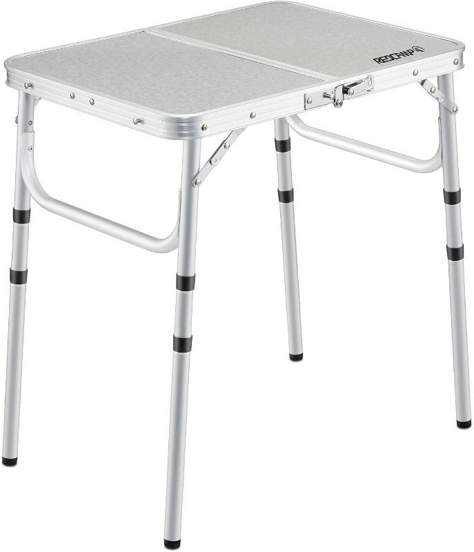 Photo 1 of REDCAMP Small Camping Table 2 Foot, Portable Aluminum Folding Table Adjustable Height Lightweight for Picnic Beach Outdoor Indoor, White 24 x 16 inch (3 Heights) 