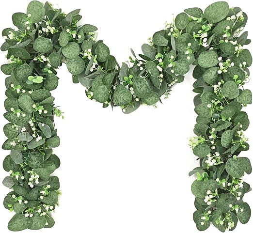 Photo 1 of Artflower 2 Pack Artificial Eucalyptus Garland with Flowers, 5.9ft/pcs Faux Silver Dollar Eucalyptus Greenery Garland Vines for Table Wedding Backdrop Arch Wall Party Mantle Festival Decor