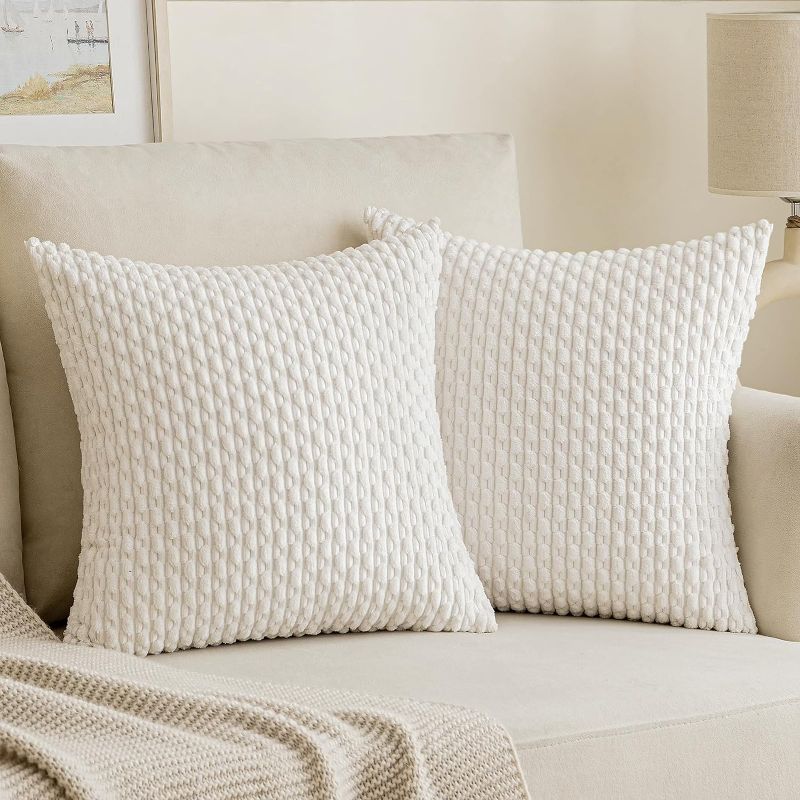 Photo 1 of EMEMA Throw Pillow Covers 18x18 Inch Set of 2 Striped Soft Decorative Corduroy Boho Pillowcases Square Cushion Cover Farmhouse Home Decor for Couch Sofa Bed Living Room, Pure White 