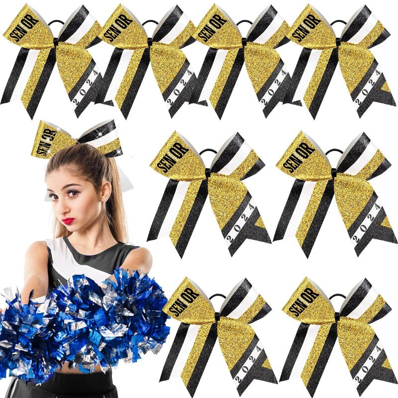 Photo 1 of Yunlly 8 Pcs Graduation Senior Glitter Cheer Bow 7.08 Inch Class of 2024 Hair Cheerleading Bow with Ponytail Holder for Teen Girl Softball Team Complete Your Cheerleader Outfit Uniform(Black Gold)
