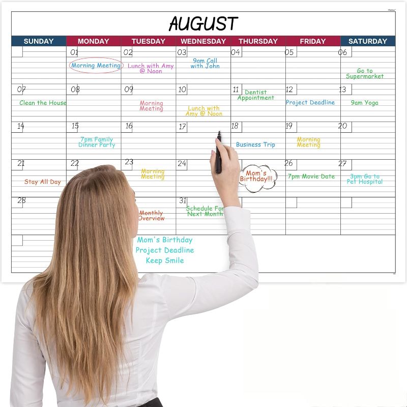 Photo 1 of Dry Erase Calendar for Wall - 1 Month Wall Calendar, 28" x 40", Wall Calendar Dry Erase, Erasable Laminated Calendar for wall with 10 Stickers - Red