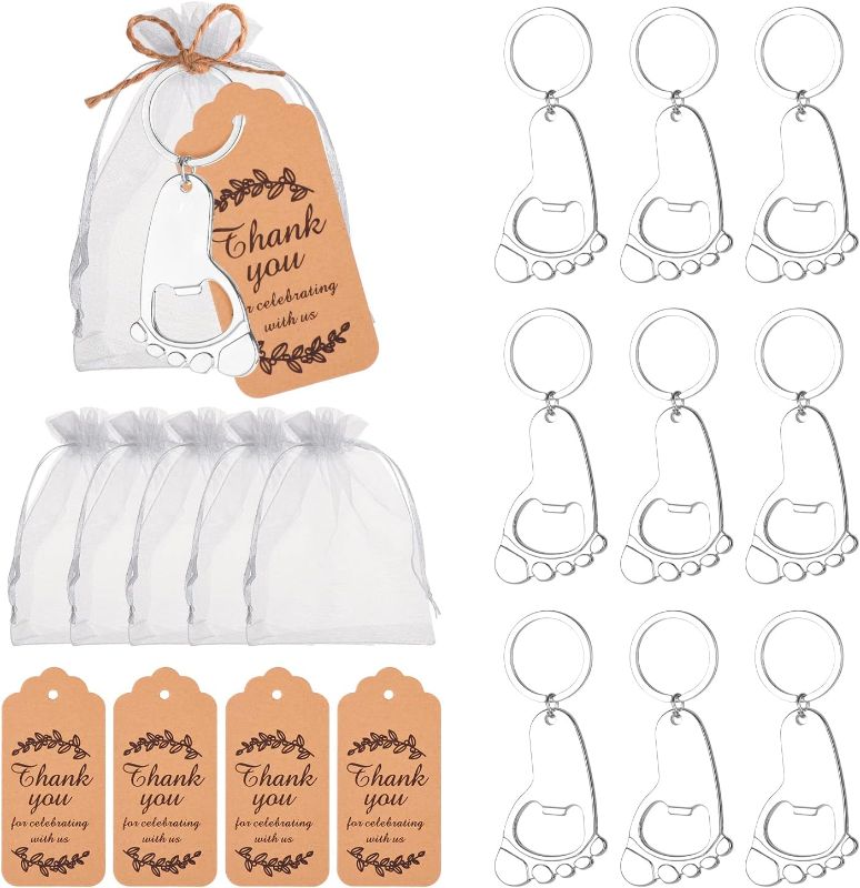 Photo 1 of 50 Pieces Footprint Bottle Opener Baby Shower Favors for Guest with Keychain and Organza Bags Tags (silver) 