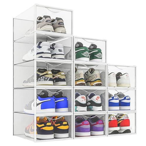 Photo 1 of 12 Pack Shoe Storage Bins, Clear Plastic Stackable Shoe Organizer for Closet, Space Saving Foldable Shoe Rack, Shoe Box Sneaker Holder Container
