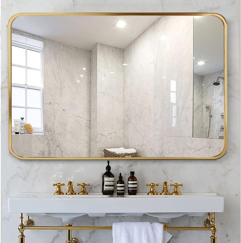 Photo 1 of DLLT Gold Bathroom Mirrors for Vanity, 40 x 30 Inch Wall Mirror for Bathroom in Decorative Rectangle Aluminum Alloy Frame, Matte Brushed Metal Framed Wall Mounted Beveled Mirror(Horizontal/Vertical)