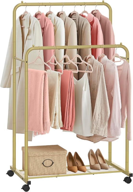 Photo 1 of SONGMICS Clothes Rack with Wheels, Double Rods Clothing Rack for Hanging Clothes, Thickened Pipe Garment Rack with Dense Mesh Storage Shelf, 2 Brakes, Each Top Rail Holds up to 77 lb, Gold UHSR026A01 