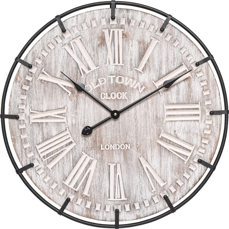 Photo 1 of EMAX HOME 24 Inch Large Farmhouse Wall Clock, Rustic Antique Wood with Metal Circle and Large Engraved Numerals, Silent Battery Operated Wall Clock for Office Kitchen Bedroom Living Room Whitewash
