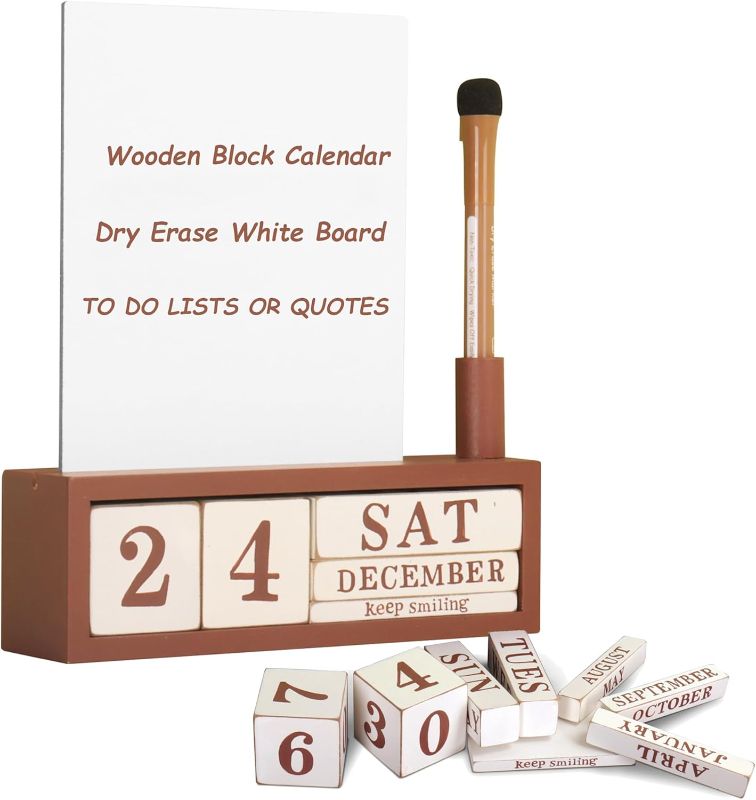 Photo 1 of Perpetual Calendar Wooden Block with Desk Dry Erase White Board - Utility Tabletop Calendar Words Sign Quotes for Home Office, Teachers Students
