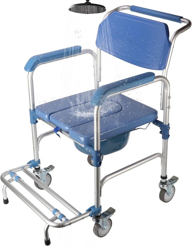 Photo 1 of tonchean Shower Chair on Wheels Shower Wheel Chair Bath and Toilet Shower Seat Waterproof Potty Chair with Wheels Rolling Commode Chair 330 lbs Loading Bedside Commode Chair