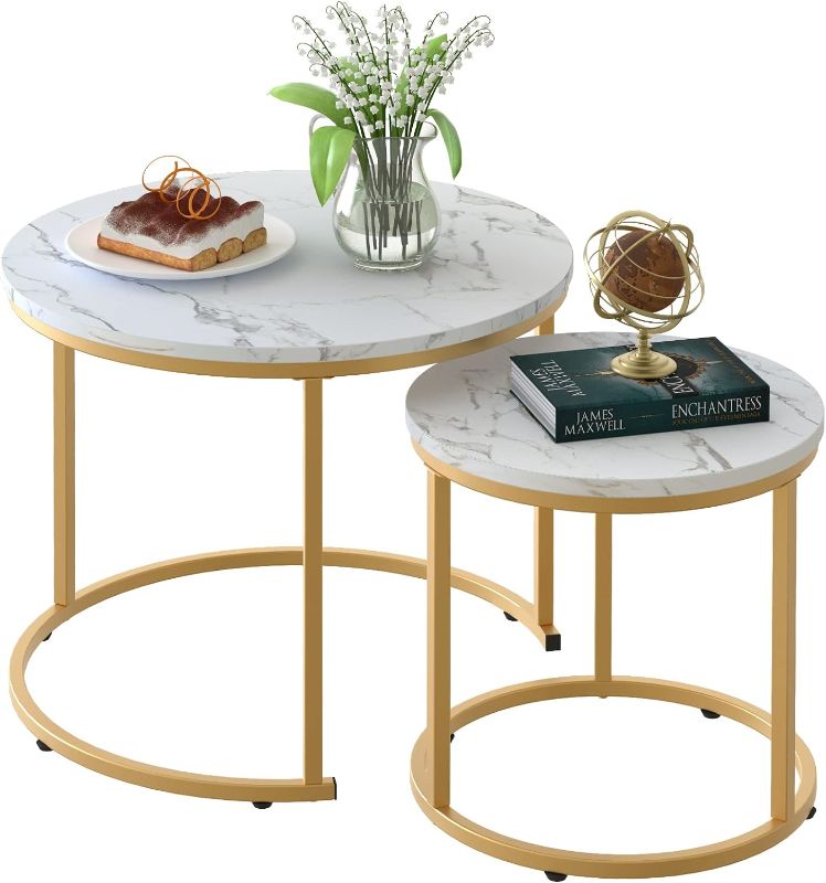 Photo 1 of aboxoo Coffee Table Nesting White Set of 2 Side Set Golden Frame Circular Round and Marble Pattern Wooden Tables, Living Room Bedroom Apartment Modern Industrial Simple Nightstand