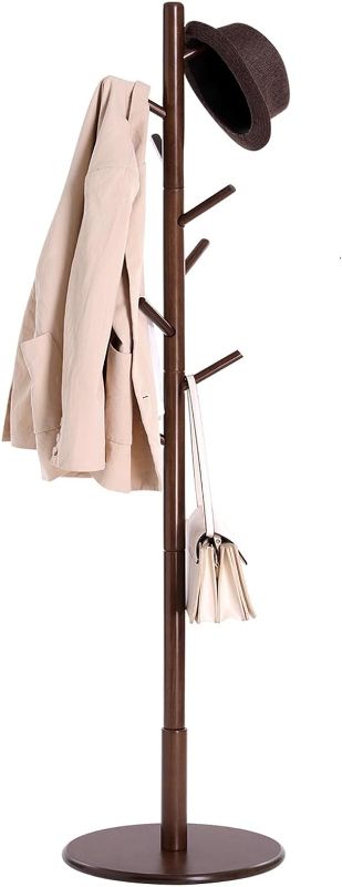 Photo 1 of VASAGLE Solid Wood Coat Rack, Wood Hall Tree, Coat Rack Stand with 8 Hooks, Stable Round Base, 3 Height Options, for Living Room, Bedroom, Home Office, Dark Walnut URCR009W01