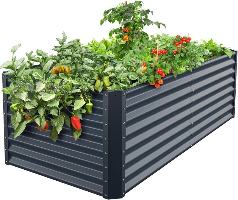 Photo 1 of Galvanized Raised Garden Bed Box Planter for Outdoor Plants 24" Extra Tall Raised Garden Beds Outdoor Garden Boxes Outdoor Raised Metal Raised Garden Beds for Vegetables Midnight Grey 72"X36"X24",