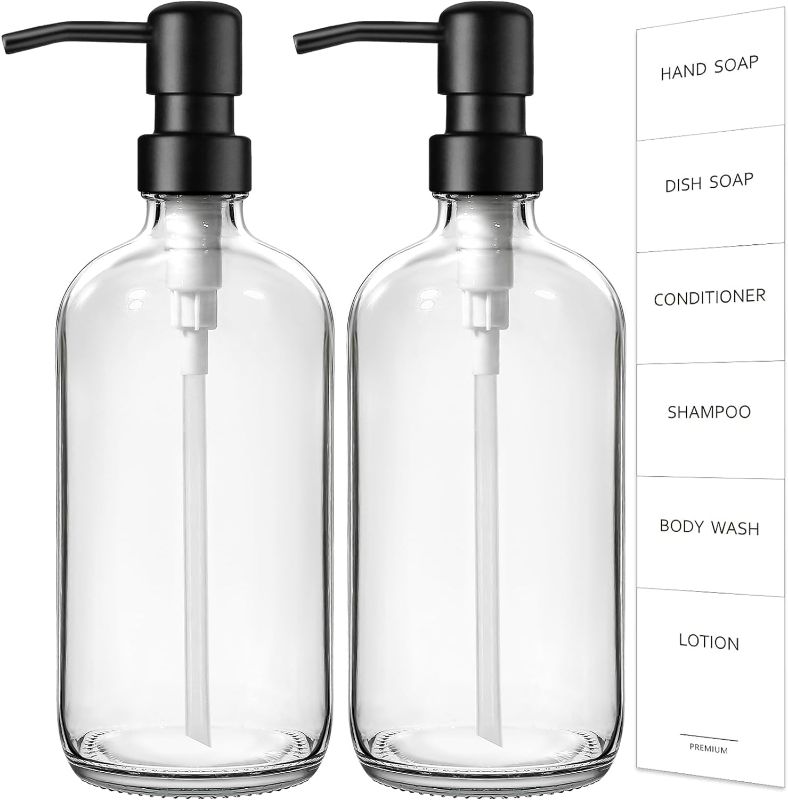 Photo 1 of GMISUN Glass Soap Dispenser with Pump, 2 Pack Clear Bathroom Hand Soap Dispenser with Stainless Steel Pump, 16 Oz Refillable Kitchen Hand and Dish Soap Dispensers Set, Modern liquid Pump Bottles
