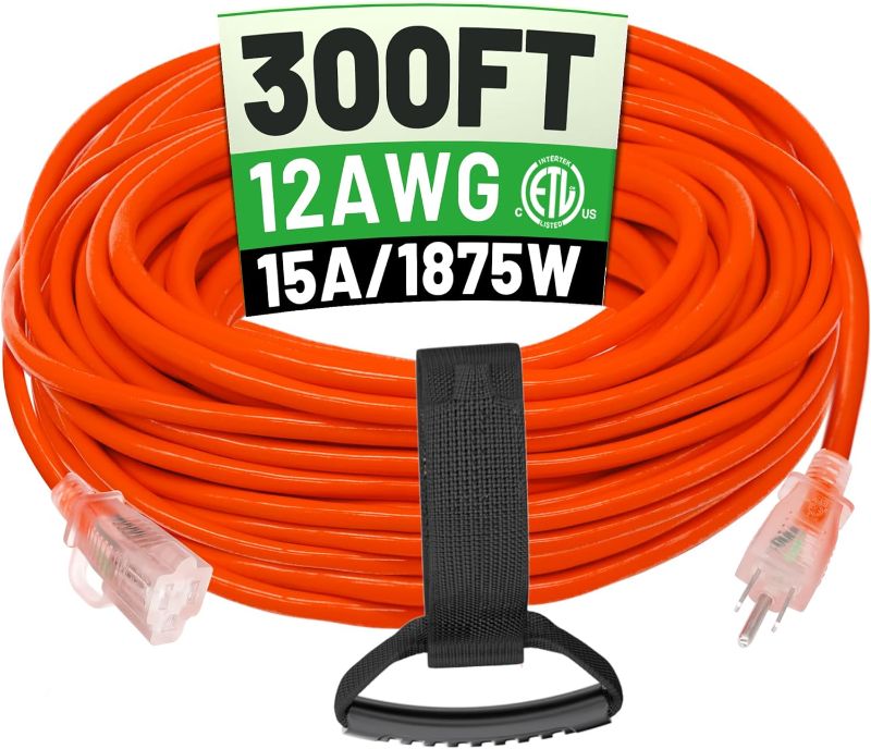 Photo 1 of 300 ft 12/3 Outdoor Extension Cord Waterproof Heavy Duty with Lighted End 12 Gauge 3 Prong, Flexible Cold-Resistant Long Power Cord Outside, 15Amp 1875W SJTW Orange ETL Listed