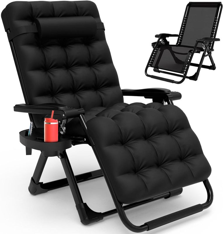 Photo 1 of Slendor Zero Gravity Chair, Zero Gravity Lounge Recliner Chair w/Cup Holder Tray & Headrest, Upgraded Lock, Removable Cushion, Outdoor Indoor Patio Folding Reclining Chairs, Black 