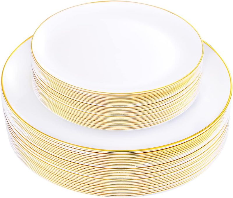 Photo 1 of KIRE 100PCS Gold Plastic Plates  white and gold plastic dinnerware
