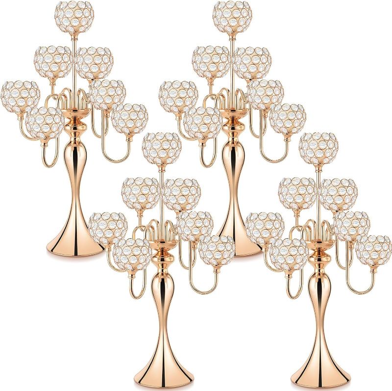 Photo 1 of Dandat 4 Pcs 27.6'' 7 Arm Crystal Candelabra Candle Holder Centerpieces Gold Crystal Candelabra Centerpieces Crystal Candle Holders Candlestick Formal Party Decorations for Tables Wedding Party Dinner 