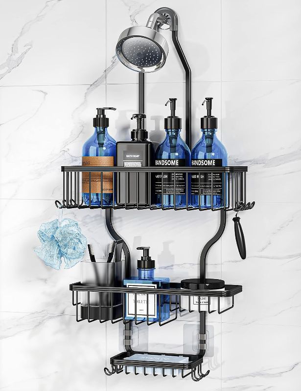 Photo 1 of YASONIC Shower Caddy Over Shower Head Never Rust Aluminum Large Hanging Shower Caddy with 10 Hooks for Razor/Sponge - Over The Shower Head Caddy with Soap Basket - Hanging Shower Organizer Black 