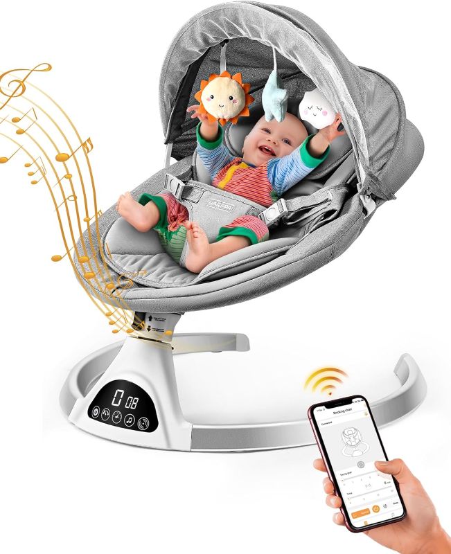 Photo 1 of Ixdregan Baby Swings for Infants - Exclusive App & Bluetooth Electric Baby Swing, Smart Sensor&Timing, 5 Speeds, 12 Preset Lullabies and Back-Up Pillow, Portable Baby Swing for Indoor/Outdoor(Grey)