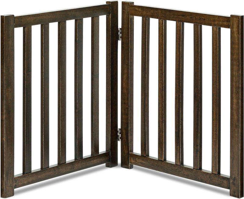 Photo 1 of LZRS Solid HardWood Freestanding Pet Gate,Wooden Dog Gates for Doorways,Nature wood Dog Gates for The House,Dog Gate for Stairs,Freestanding Indoor Gate Safety Fence,Walnut,24" Height-2 Panels 