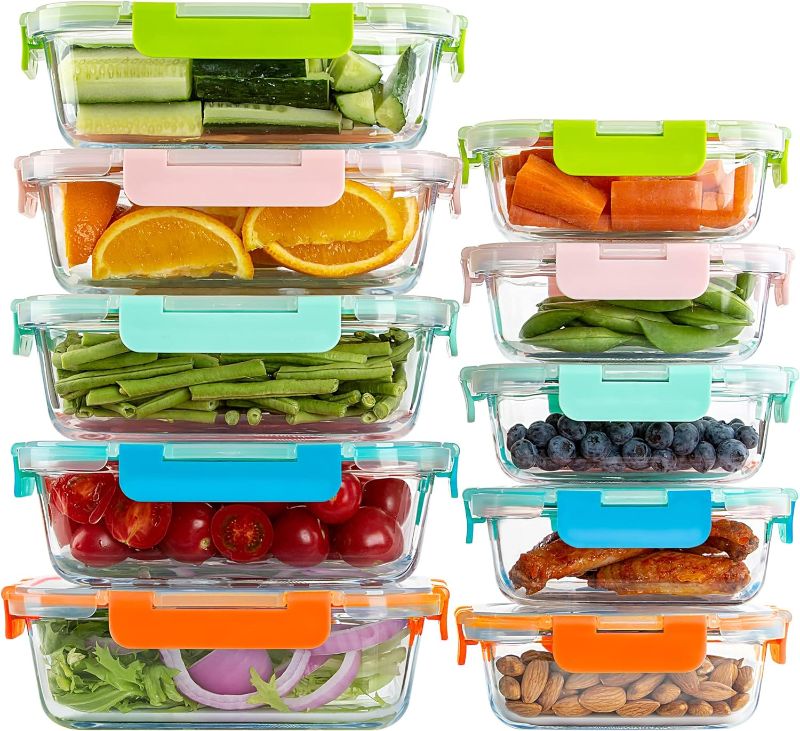 Photo 1 of 10 Pack Glass Food Storage Containers with Lids Leakproof, Airtight Glass Meal Prep Containers For Lunch, On The Go, Leftover, Dishwasher Safe
