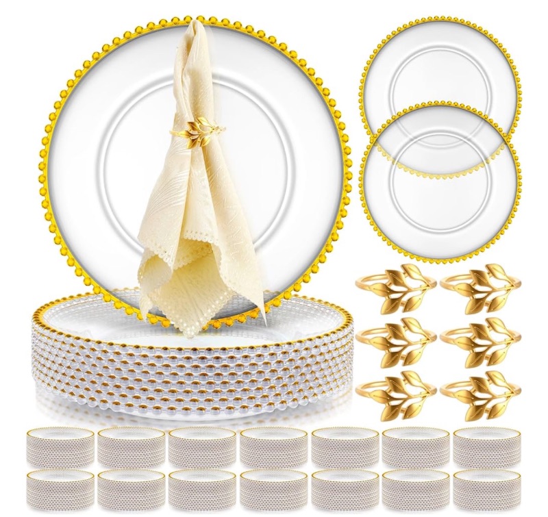 Photo 1 of 50 Set Clear Charger Plates Bulk 13 Inch Beaded Plastic Charger Plates with Napkin Rings Acrylic Round Dinner Chargers Table Decorative Plates for Party Wedding Thanksgiving (Clear and Gold