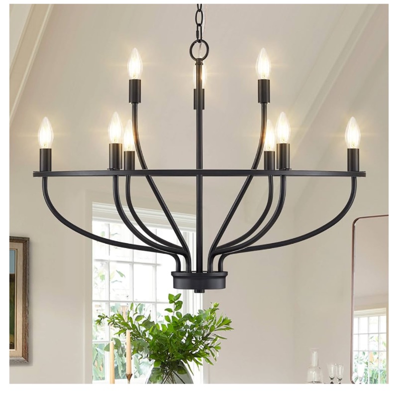 Photo 1 of 9-Light Black Chandelier Light Fixture Classic Candle Chandelier Lighting over Table for Dining Room Living Room Bedroom Foyer Kitchen Island, 28.54in, E12