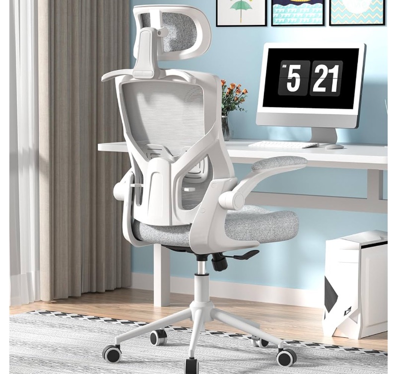 Photo 1 of Ergonomic Office Chair, High Back Mesh Desk Chair with Thick Molded Foam Cushion, Coat Hanger, Adjustable Headrest, Lumbar Support, Tilt & Lock Function - Computer Chair (Light Grey)