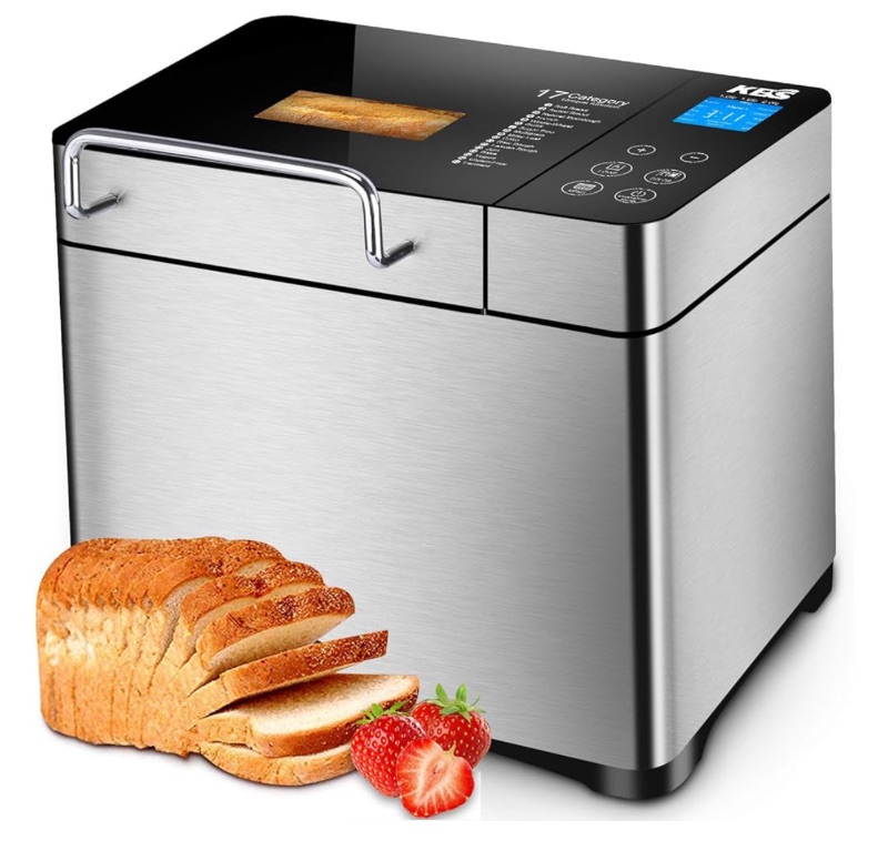 Photo 1 of KBS Large 17-in-1 Bread Machine, 2LB All Stainless Steel Bread Maker with Auto Fruit Nut Dispenser, Nonstick Ceramic Pan, Full Touch Panel Tempered Glass, Reserve& Keep Warm Set, Oven Mitt and Recipes