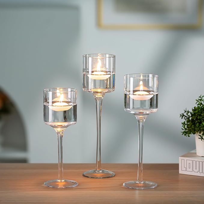 Photo 1 of Nuptio Glass Candle Holder Tea Light Candle Holders Set of 3 Tall Tealight Candle Holder for Table Centerpiece Clear Candleholders for Pillar Candles Floating Candles Holder for Wedding Home Bathroom
