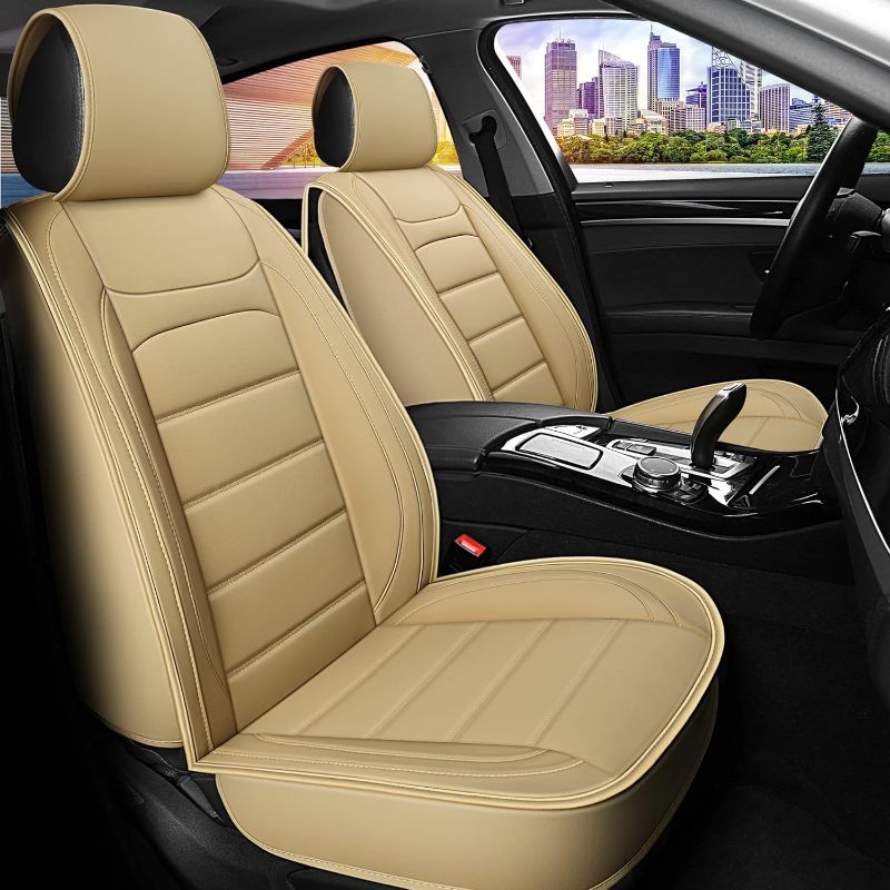 Photo 1 of Sanwom Leather Car Seat Covers 2 PCS Front, Universal Automotive Vehicle Seat Cover, Waterproof Vehicle Seat Covers for Most Sedan SUV Pick-up Truck, Beige
