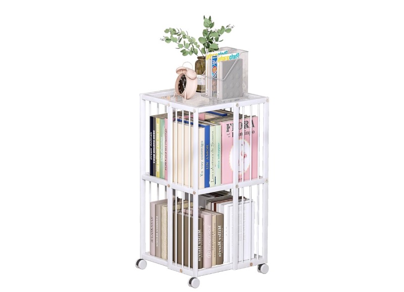 Photo 1 of Rotating Bookcase White 2 Tiers Metal Bookshelf, 360°Cubic Bookshelf for Small Space with Storage and Creative Multi-Layer Shelves,Magazine&Books for Bedroom Living Room Study and Office