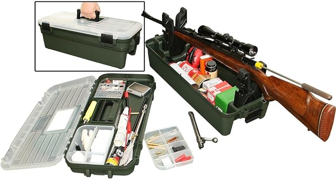 Photo 1 of Shooting Range Box, Padded Gun Forks, Lift-out Tray, 25" x 11.5" x 8.75", Green/Clear Lid
